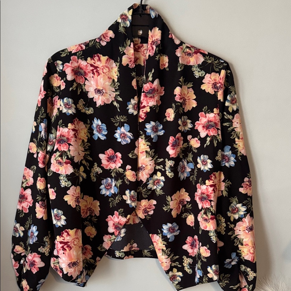 Love Tree Black Floral Open-Front Blazer Jacket